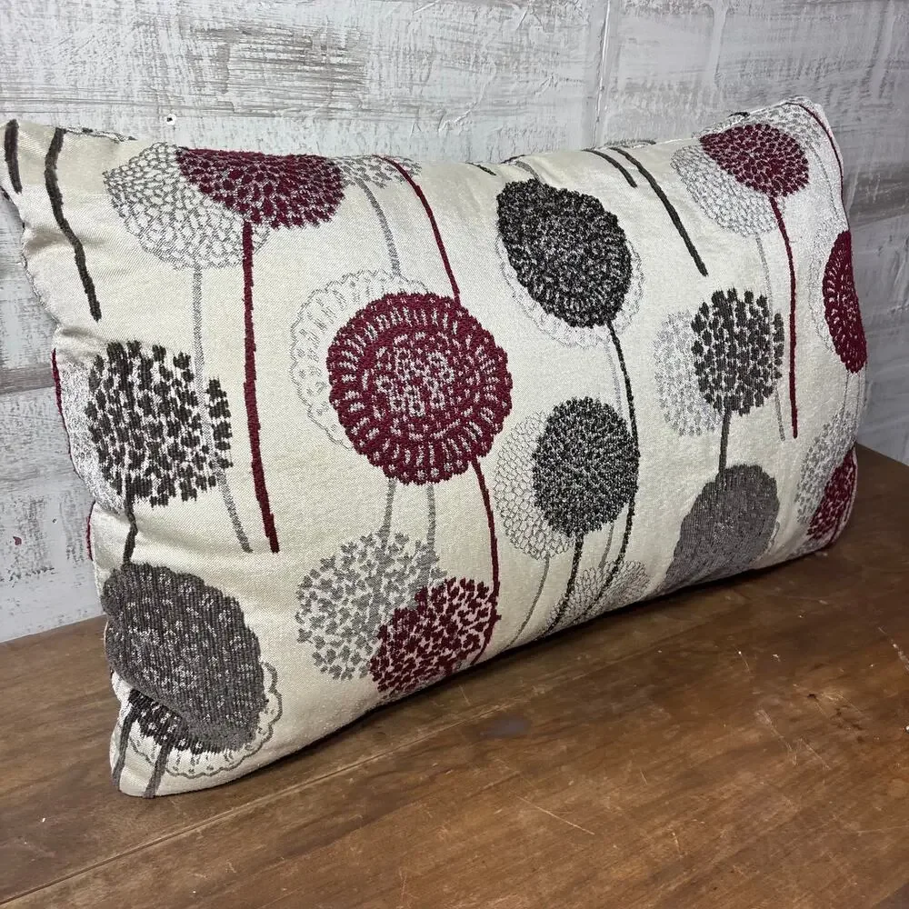 Large Lumbar Burgundy and Gray Floral Accent Pillow